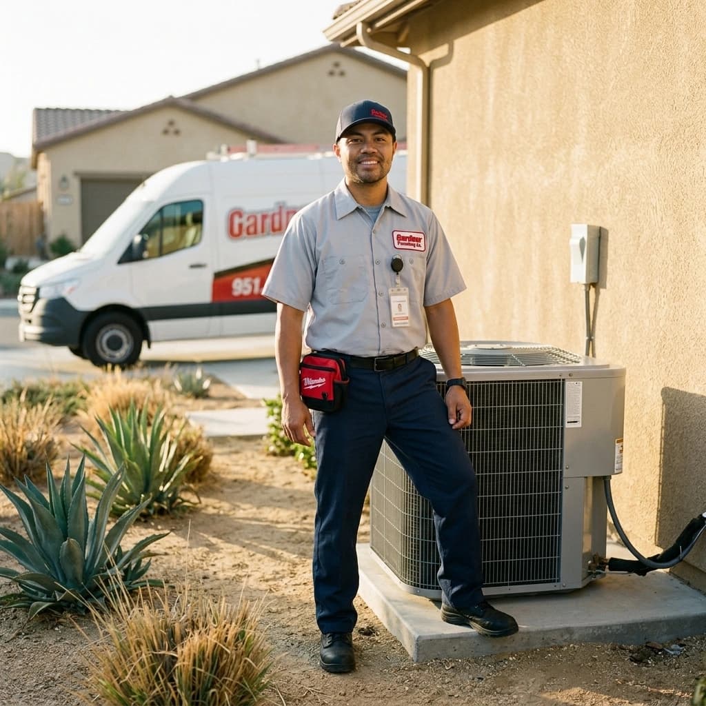 Gardner HVAC technician standing beside a residential AC condenser unit in the Inland Empire