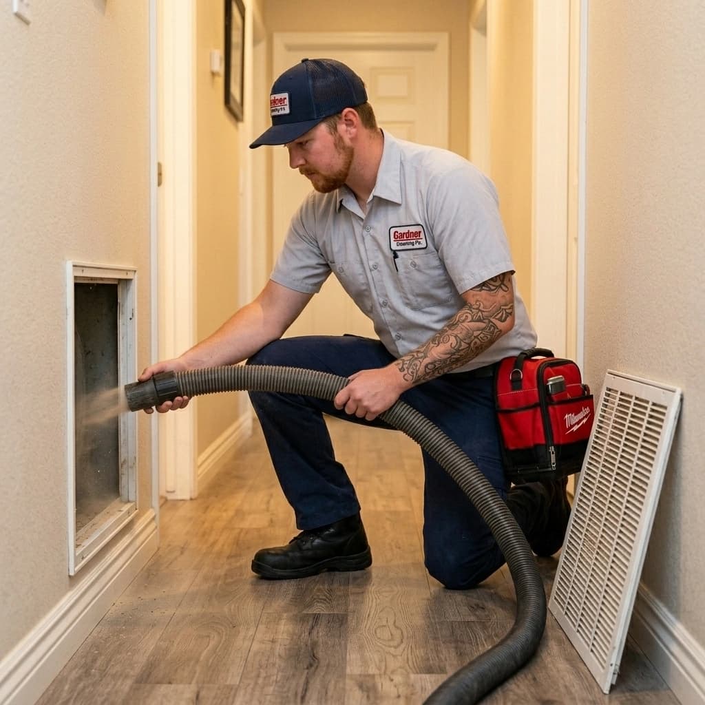 Gardner HVAC technician cleaning air ducts at a return register in a Murrieta Inland Empire home