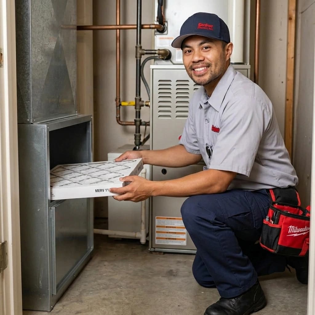 Gardner HVAC technician installing a media air filtration system on a furnace plenum in a Murrieta Inland Empire home