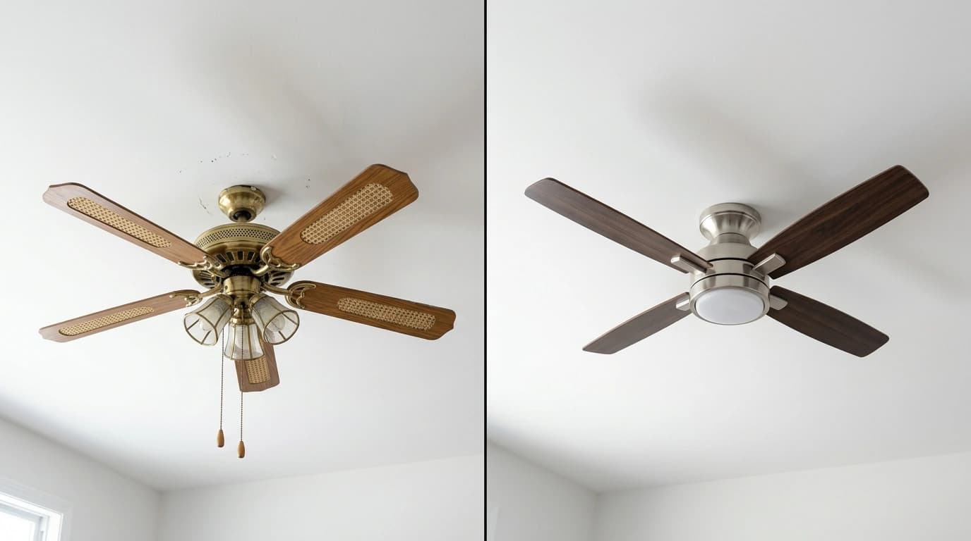Before and after ceiling fan installation showing bare light fixture replaced with modern ceiling fan by Gardner Electrical in Murrieta