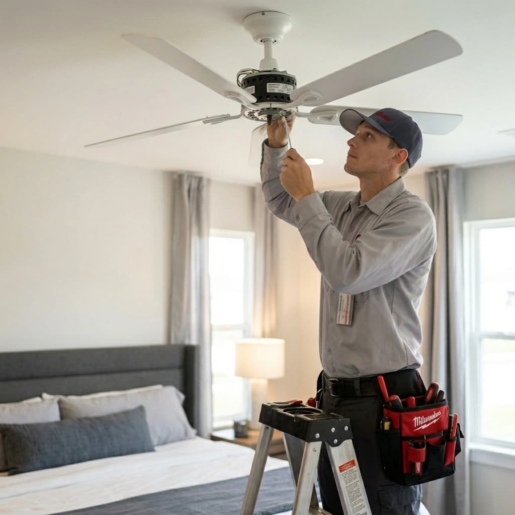Gardner electrician installing a ceiling fan in a Murrieta bedroom