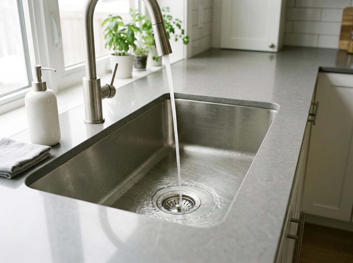 Clean kitchen sink with water draining freely after professional drain cleaning service by Gardner Plumbing