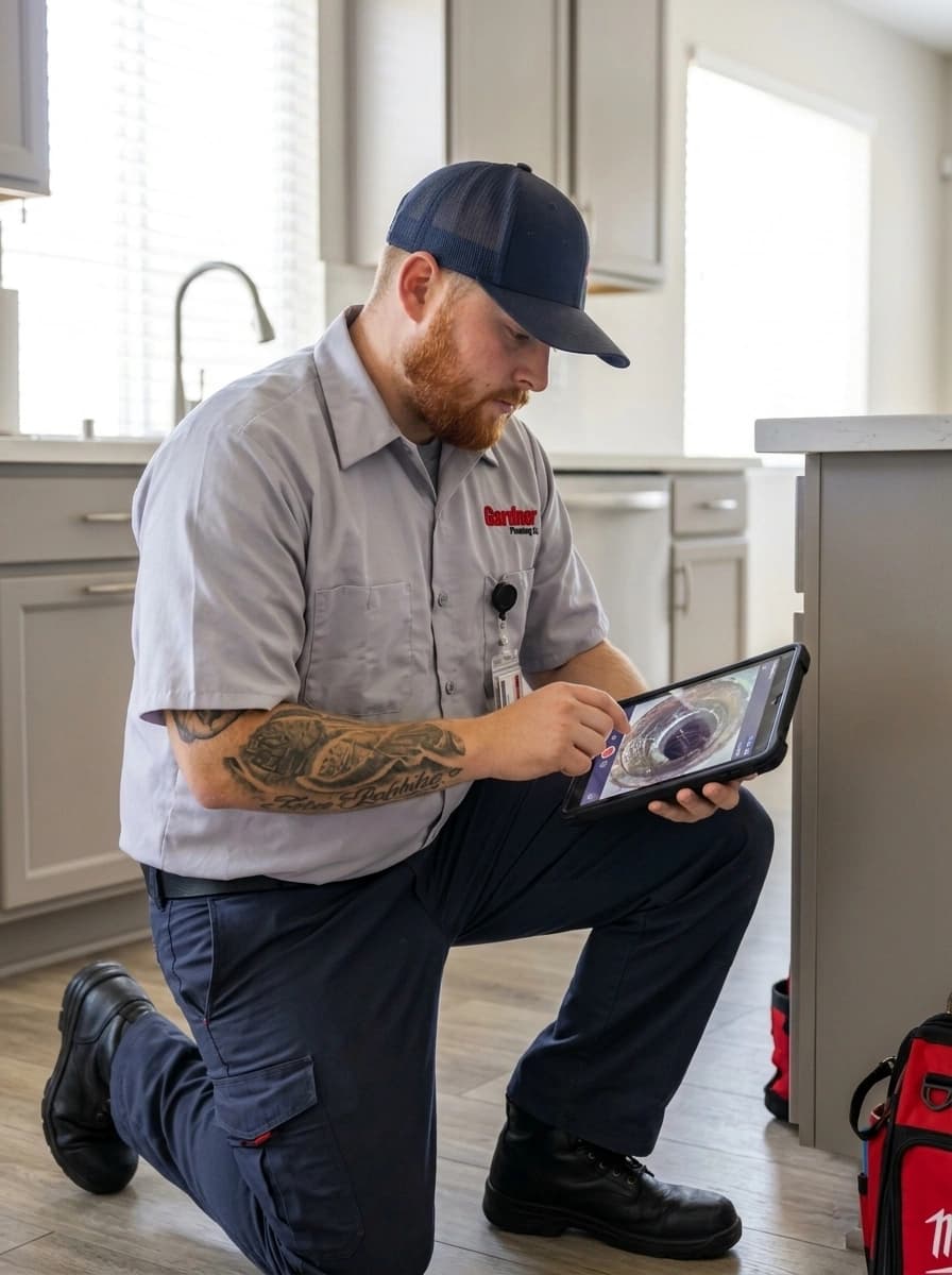 Gardner Plumbing technician reviewing camera inspection footage of a clogged drain line