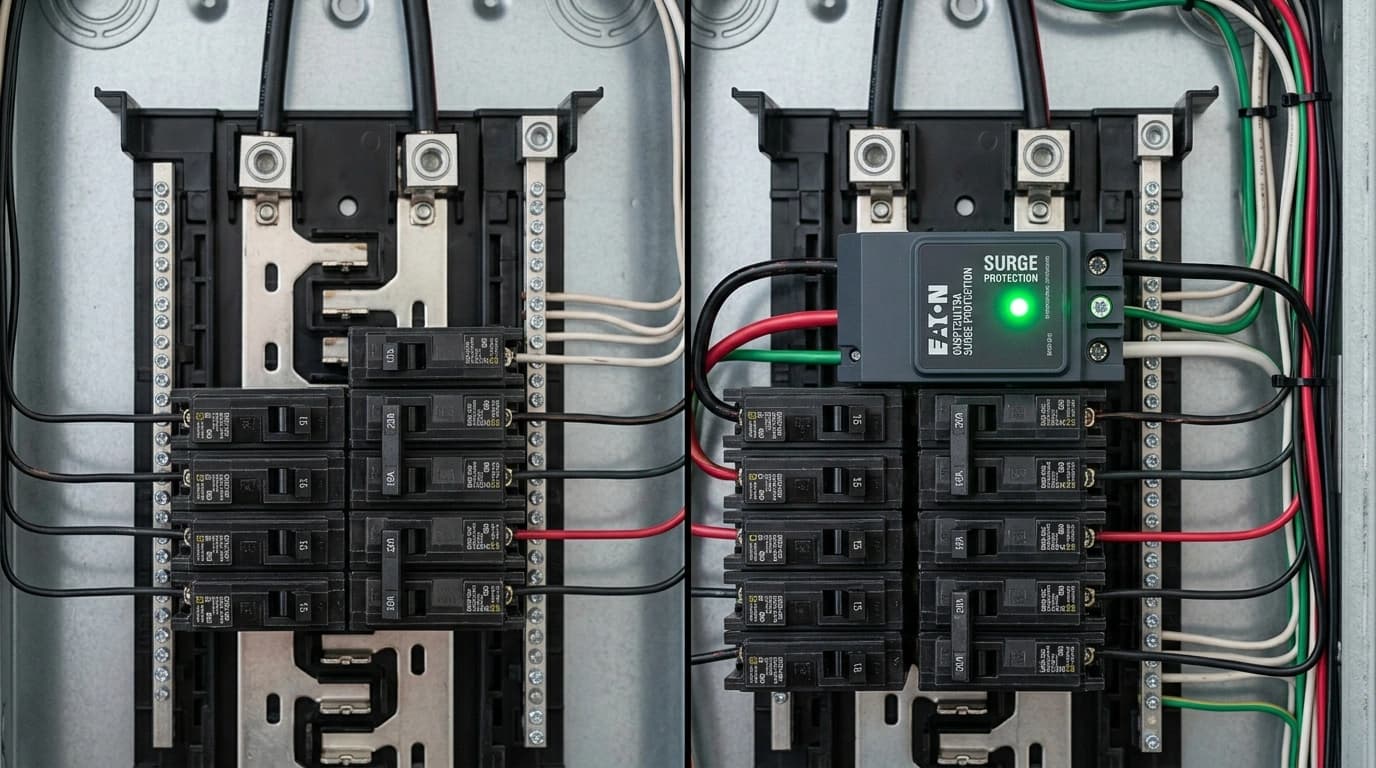 Before and after whole-home surge protection installation showing surge protector added to main panel by Gardner Electrical in Murrieta