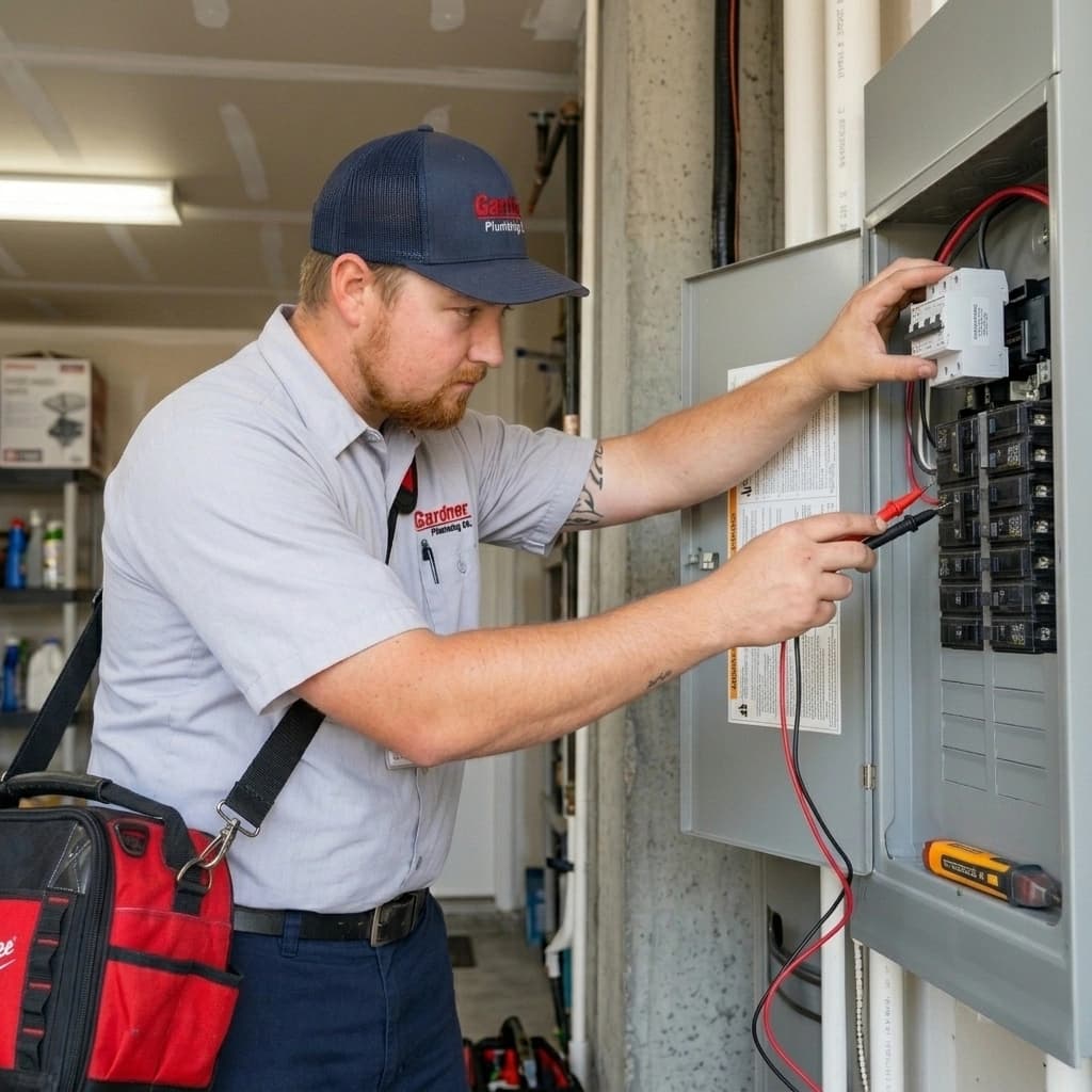 Gardner electrician installing a whole-home surge protector at the main panel in a Murrieta home