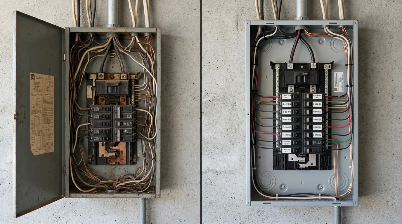Before and after electrical panel upgrade showing 100-amp panel replaced with 200-amp service by Gardner Electrical in Murrieta