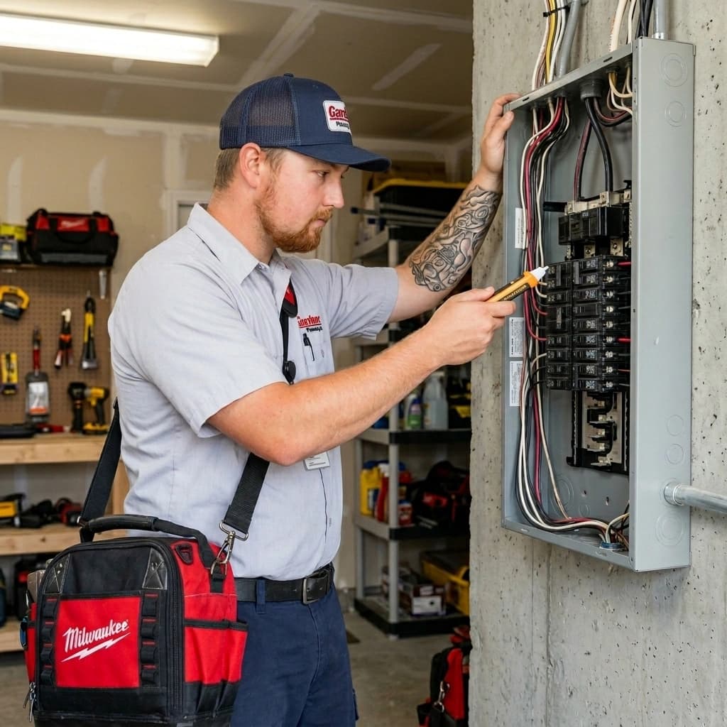Gardner electrician upgrading residential electrical panel in a Murrieta garage