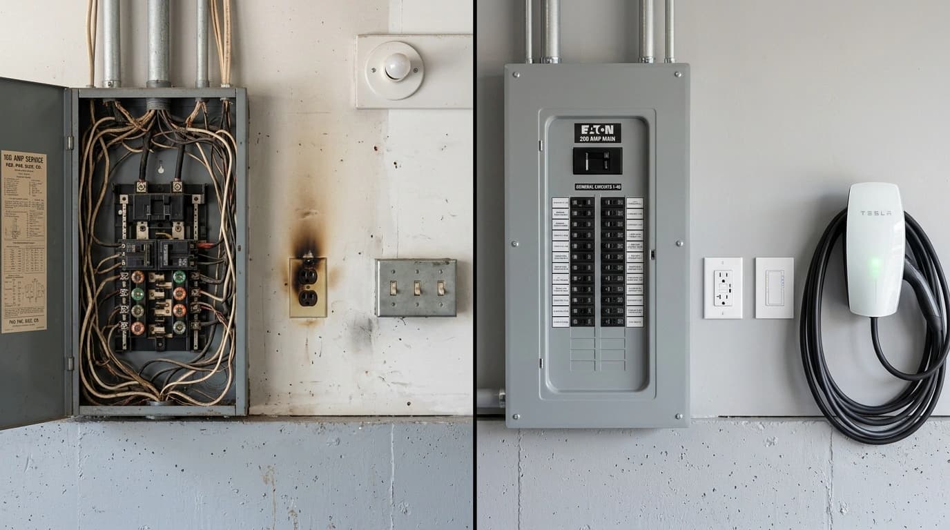 Before and after full electrical system overview showing aging infrastructure modernized with panel upgrade, GFCI outlets, and EV charger by Gardner Electrical in the Inland Empire