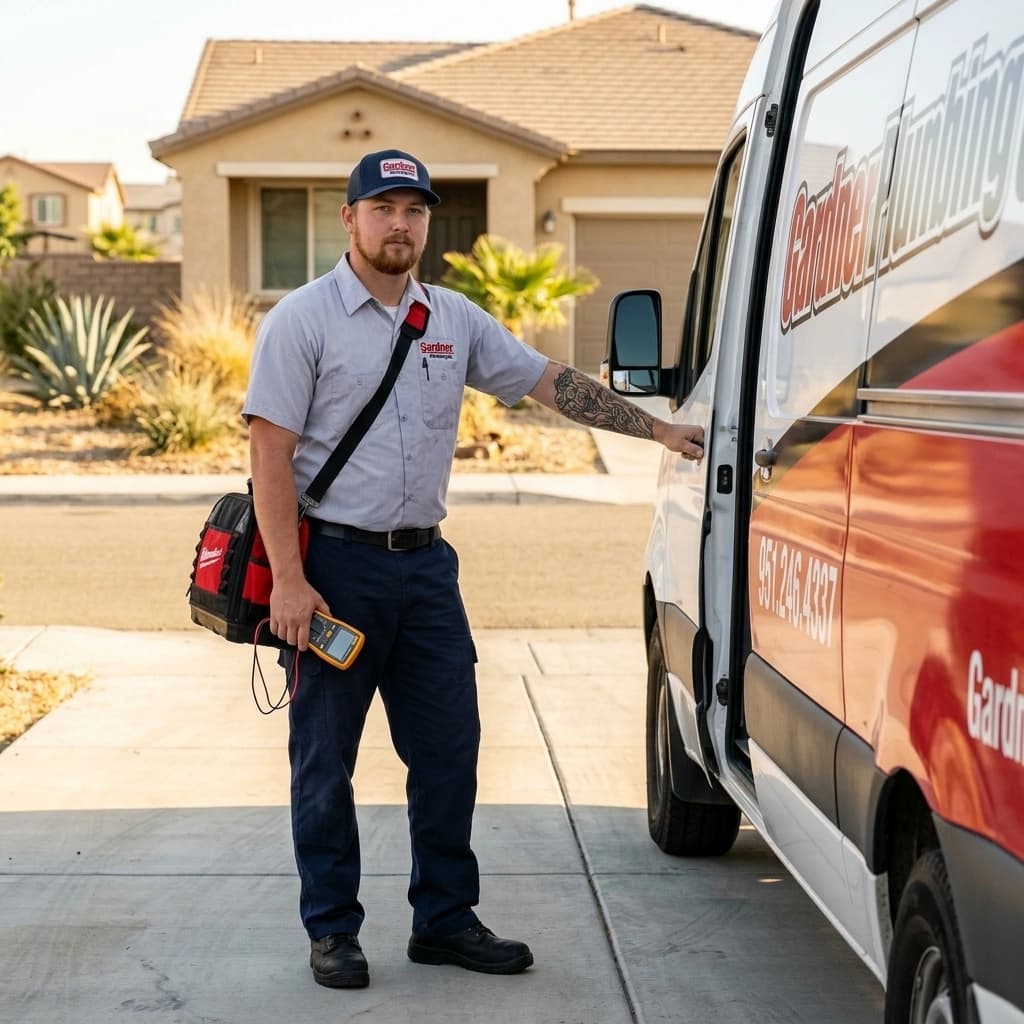 Gardner electrician beside the service van in a Murrieta residential driveway representing full-service electrical work in the Inland Empire