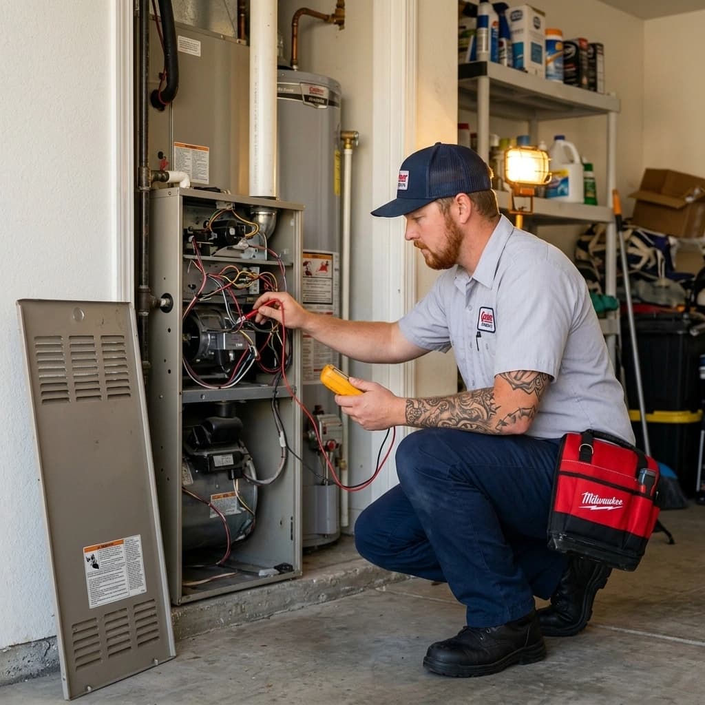 Gardner HVAC technician diagnosing a furnace with a multimeter during repair service in Murrieta Inland Empire