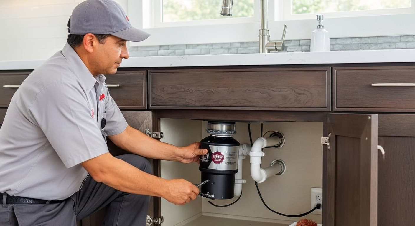 Professional plumber installing garbage disposal