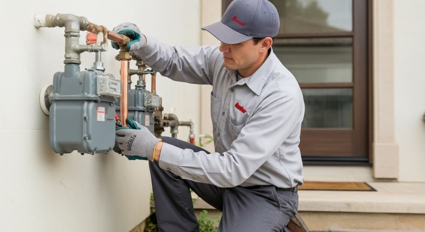 Professional technician installing gas line with safety equipment