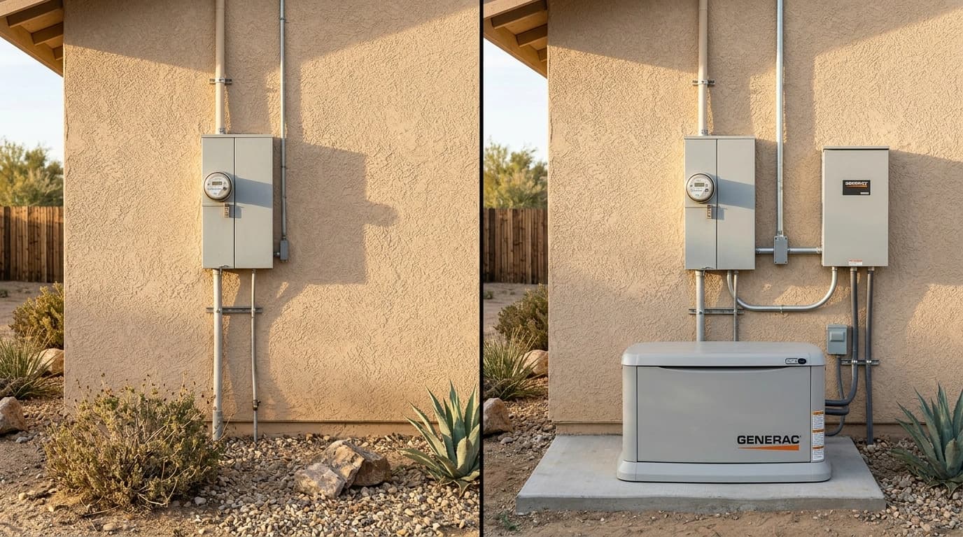Before and after generator installation showing standby generator and transfer switch added to a Murrieta home by Gardner Electrical