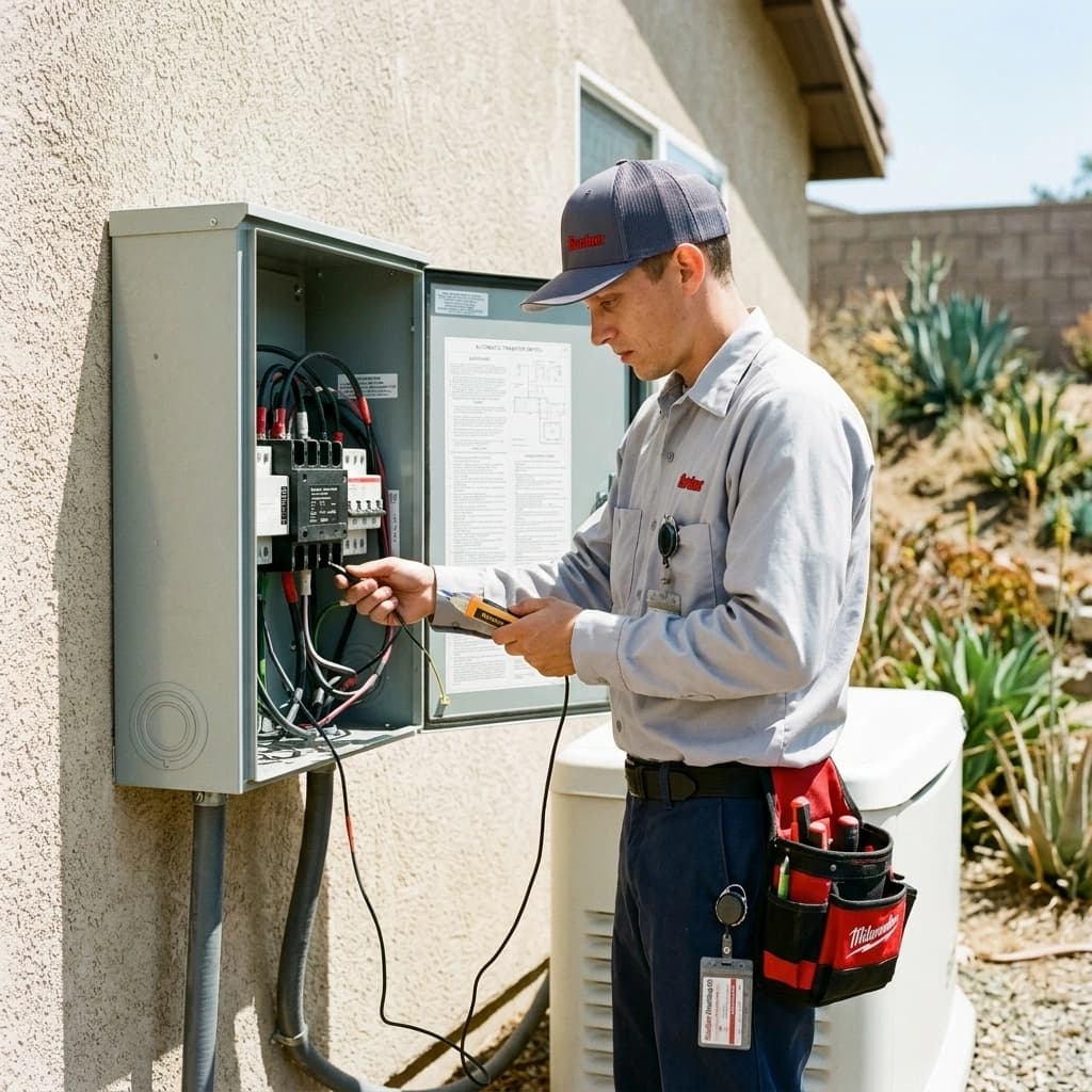 Gardner electrician connecting transfer switch wiring during standby generator installation at a Murrieta home