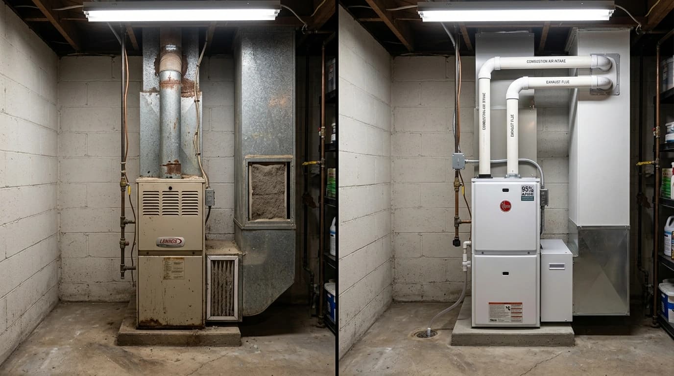 Before and after heating upgrade showing old 80-percent efficiency furnace replaced with new high-efficiency unit by Gardner HVAC in the Inland Empire