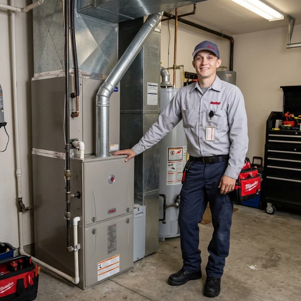 Gardner HVAC technician standing beside a residential furnace in an Inland Empire home utility area