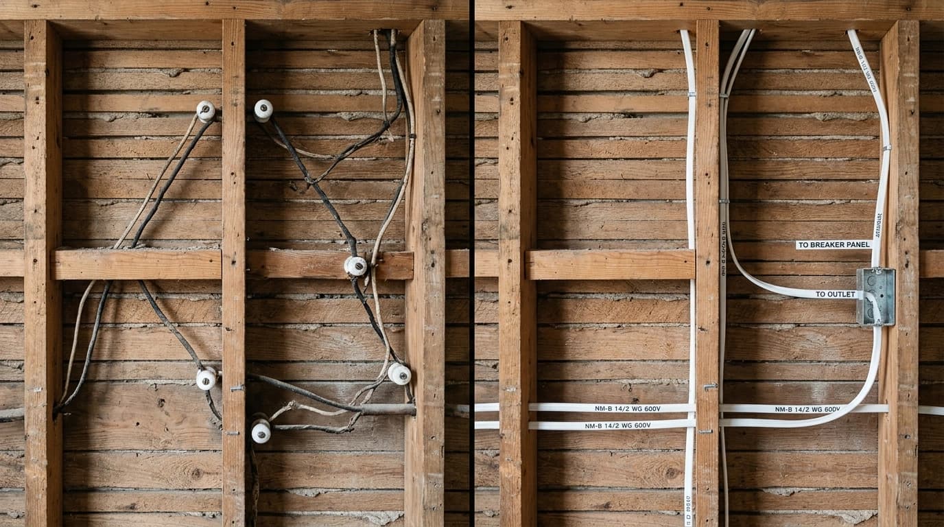 Before and after home rewiring showing knob-and-tube wiring replaced with modern Romex by Gardner Electrical in Murrieta