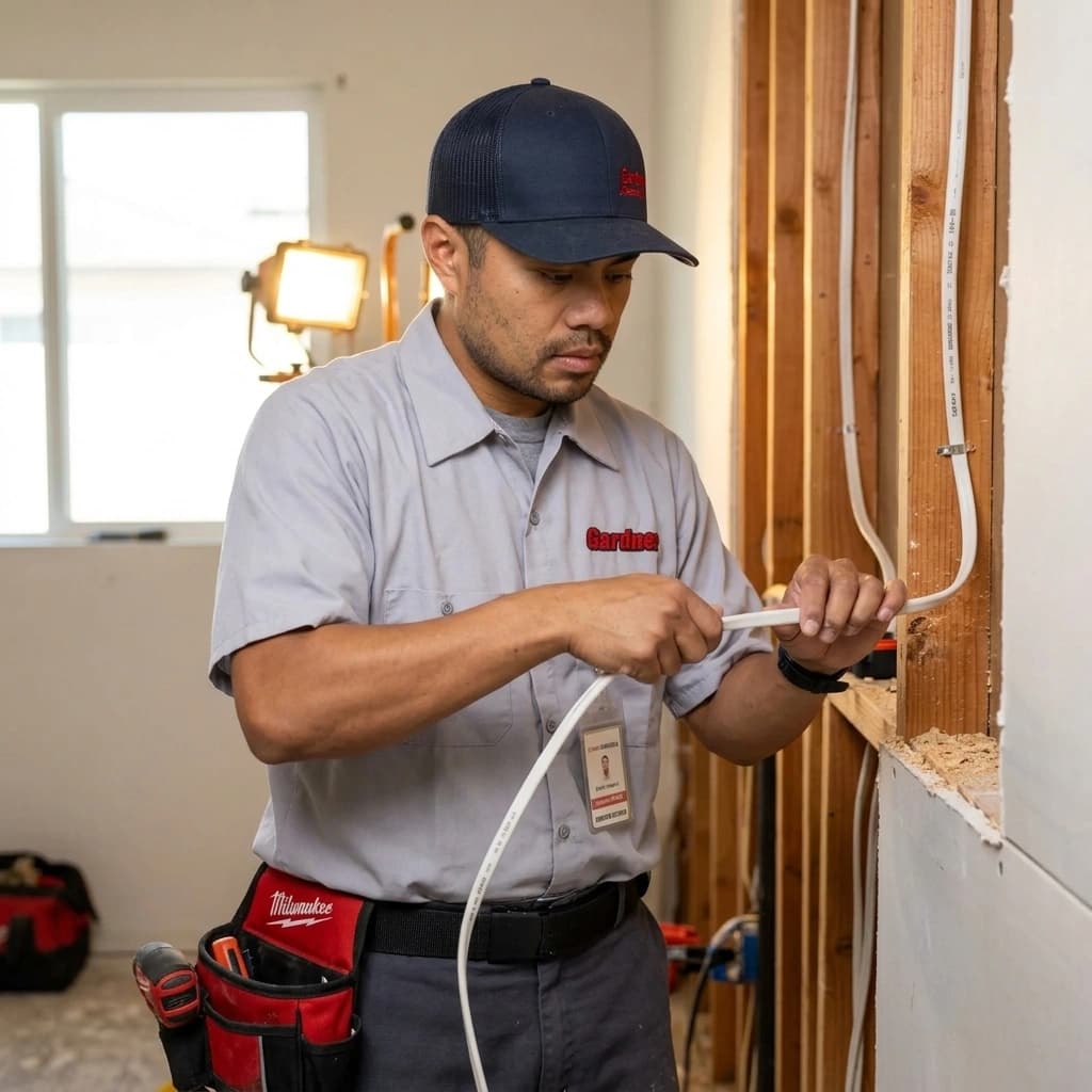 Gardner electrician pulling new Romex wiring through wall framing during a home rewire in the Inland Empire