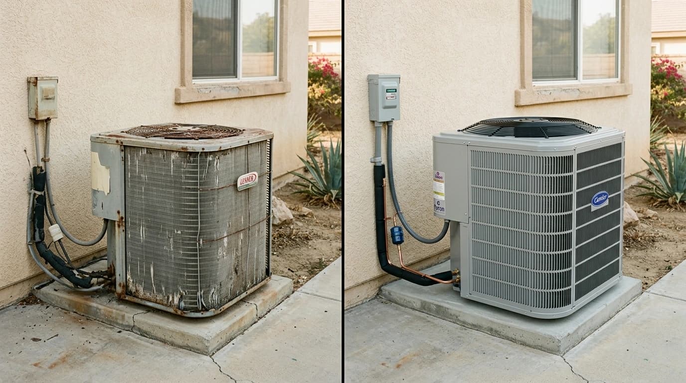Before and after AC replacement showing old worn condenser unit replaced with new modern unit by Gardner HVAC in the Inland Empire