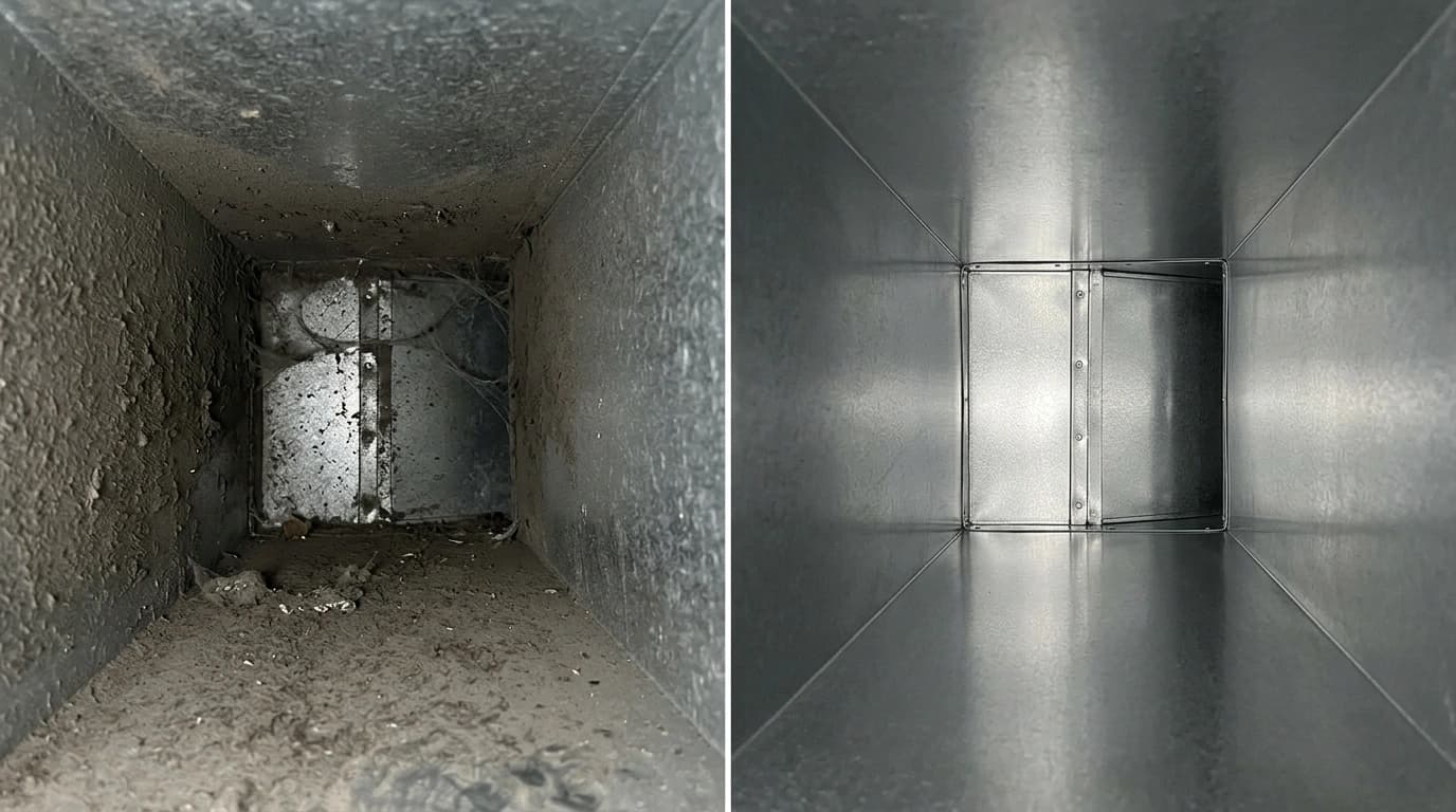 Before and after air duct cleaning showing dusty duct interior cleared by Gardner HVAC service in the Inland Empire