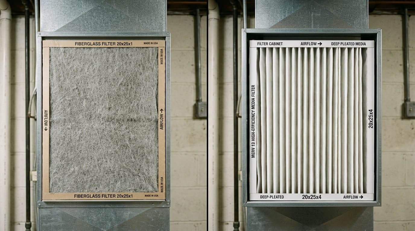 Before and after air filtration upgrade showing thin 1-inch disposable filter replaced with thick MERV-13 media filter by Gardner HVAC in the Inland Empire