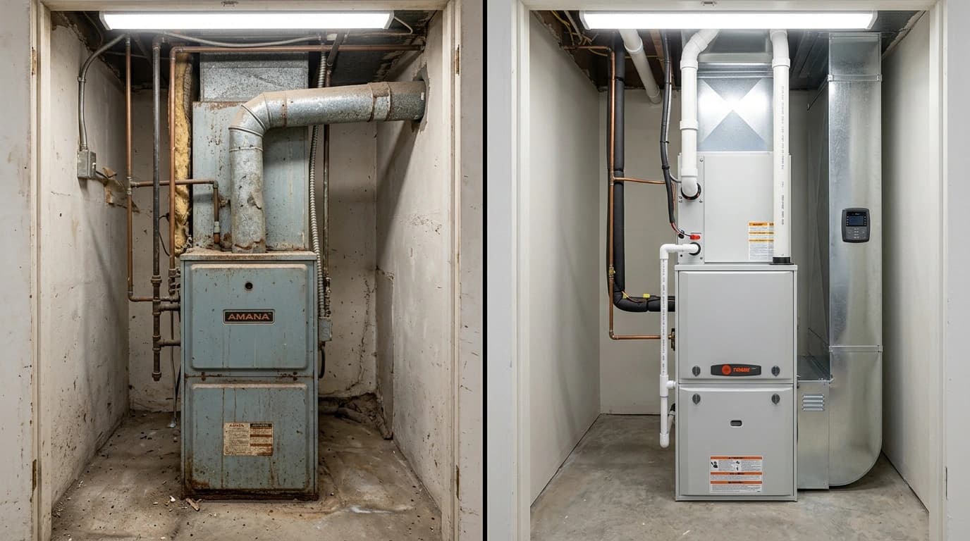 Before and after furnace installation showing old worn furnace replaced with new high-efficiency unit by Gardner HVAC in the Inland Empire