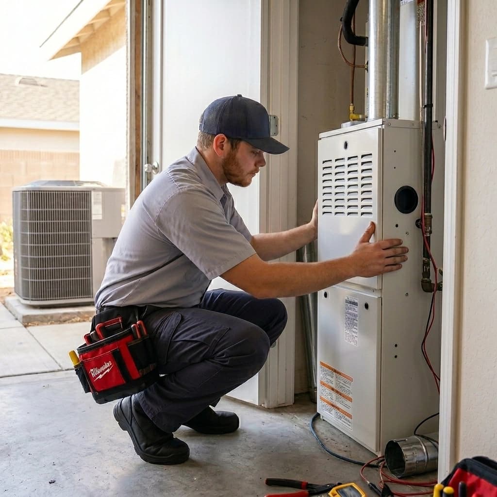 Gardner HVAC technician positioning a new furnace during installation at a Murrieta Inland Empire home