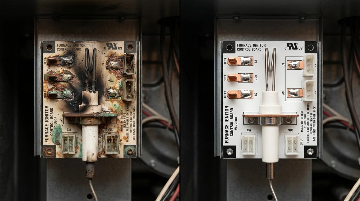 Before and after furnace repair showing burnt corroded component replaced with clean new part by Gardner HVAC in the Inland Empire