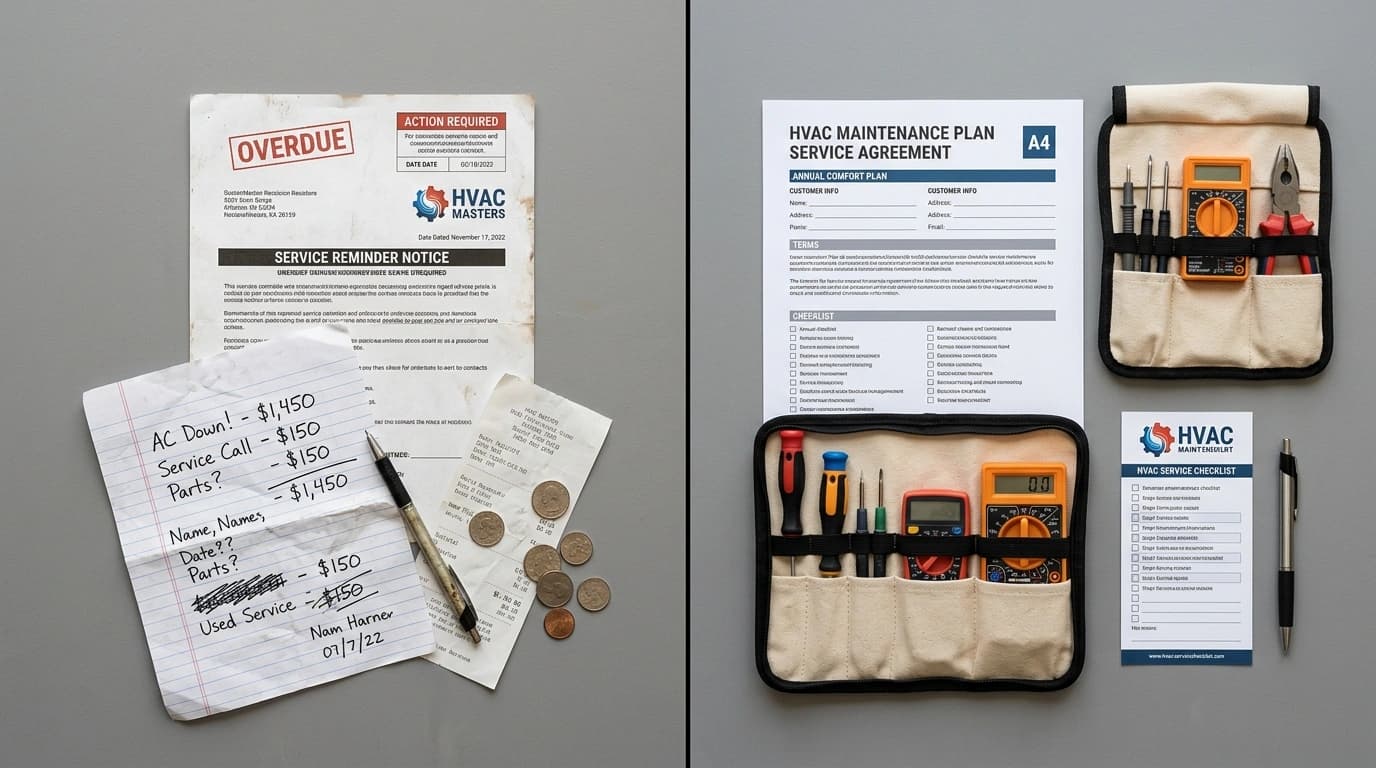 Before and after concept showing reactive HVAC repair costs versus organized Gardner HVAC maintenance plan service in the Inland Empire