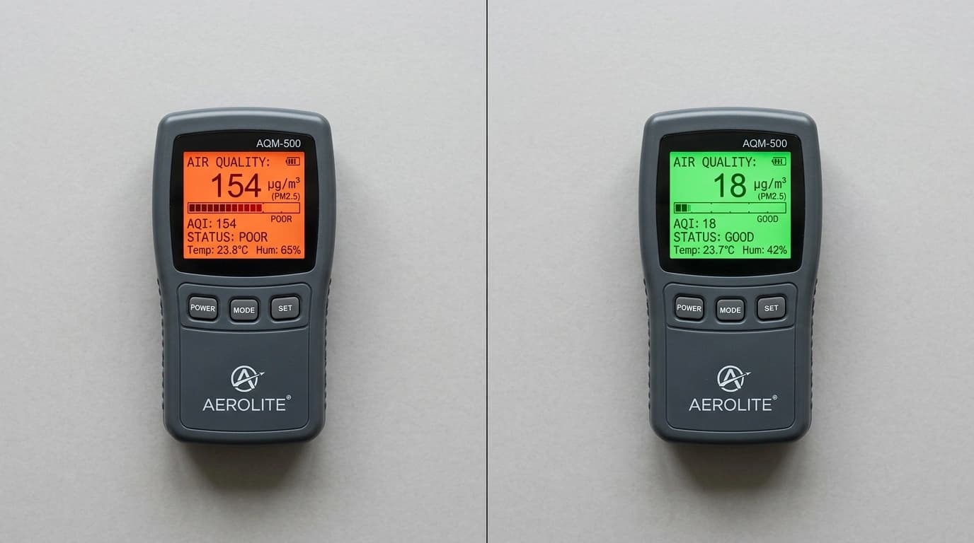 Before and after indoor air quality improvement showing poor air quality reading improved to good by Gardner HVAC service in the Inland Empire