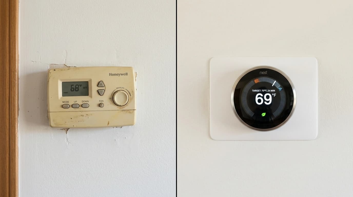 Before and after thermostat upgrade showing old beige thermostat replaced with modern smart thermostat by Gardner HVAC in the Inland Empire