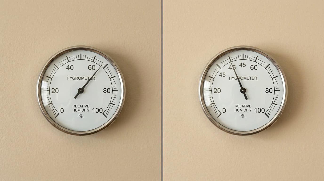 Before and after whole-home dehumidifier installation showing indoor humidity dropping from 65 percent to 45 percent by Gardner HVAC in the Inland Empire