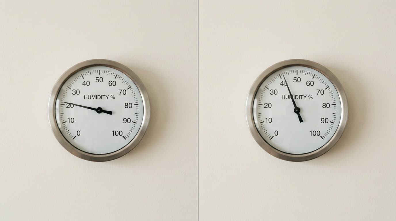 Before and after whole-home humidifier installation showing indoor humidity rising from 20 percent to 45 percent by Gardner HVAC in the Inland Empire