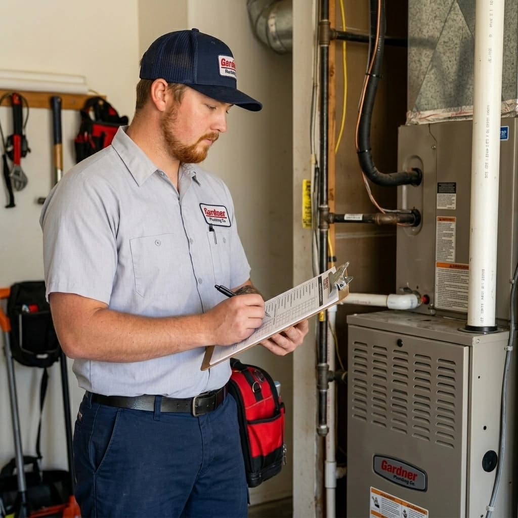 Gardner HVAC technician reviewing maintenance checklist during scheduled service plan visit in Murrieta Inland Empire