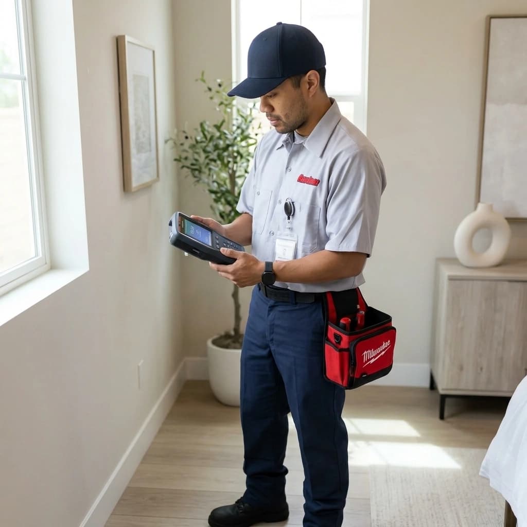 Gardner HVAC technician measuring indoor air quality with a monitoring instrument in a Murrieta Inland Empire home