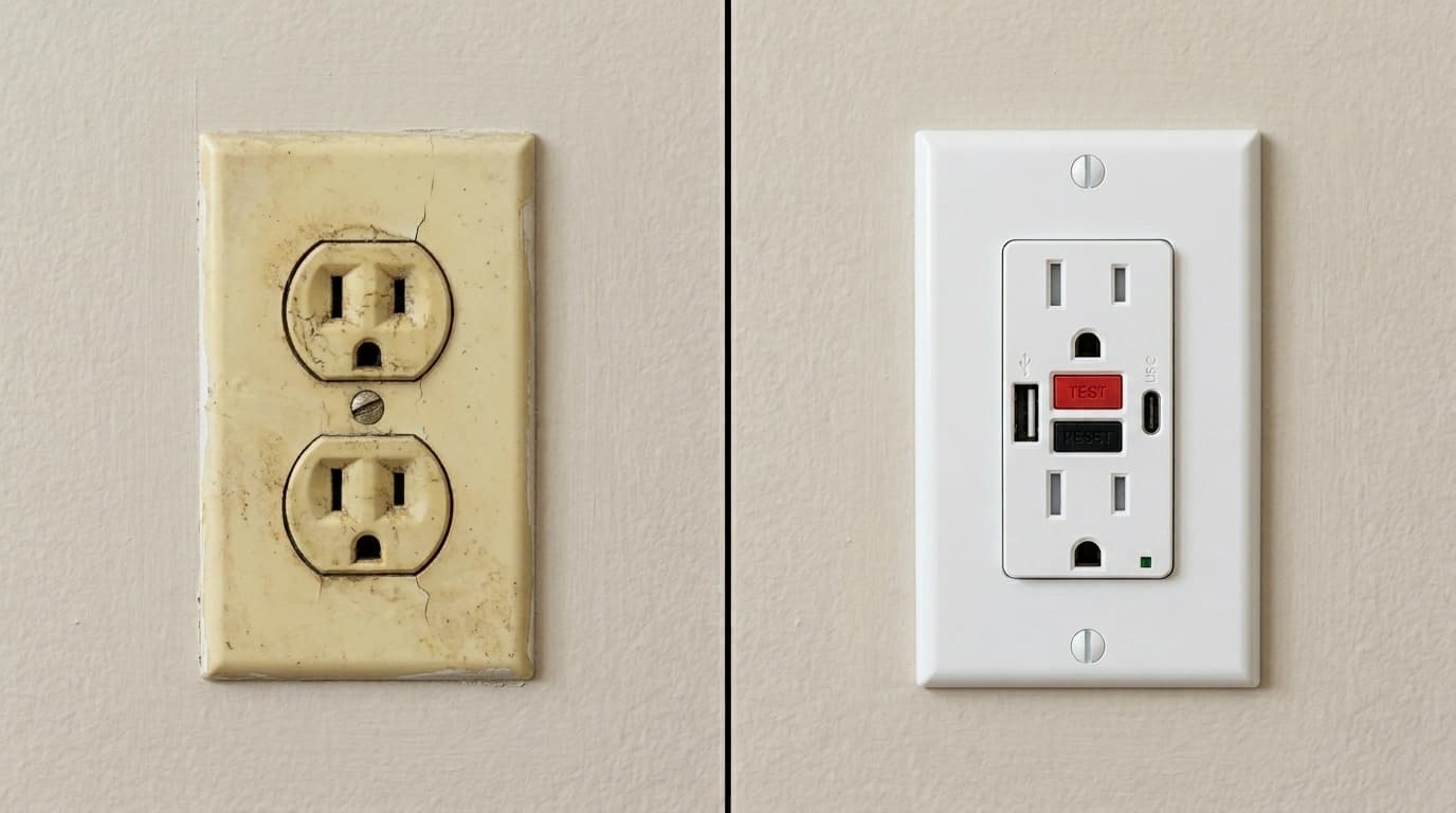 Before and after outlet upgrade showing old two-prong outlet replaced with modern GFCI by Gardner Electrical in the Inland Empire