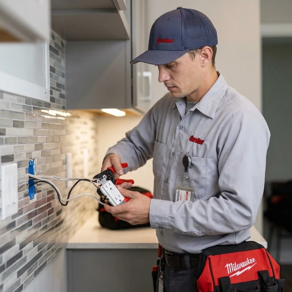 Gardner electrician installing a GFCI outlet in a Murrieta kitchen