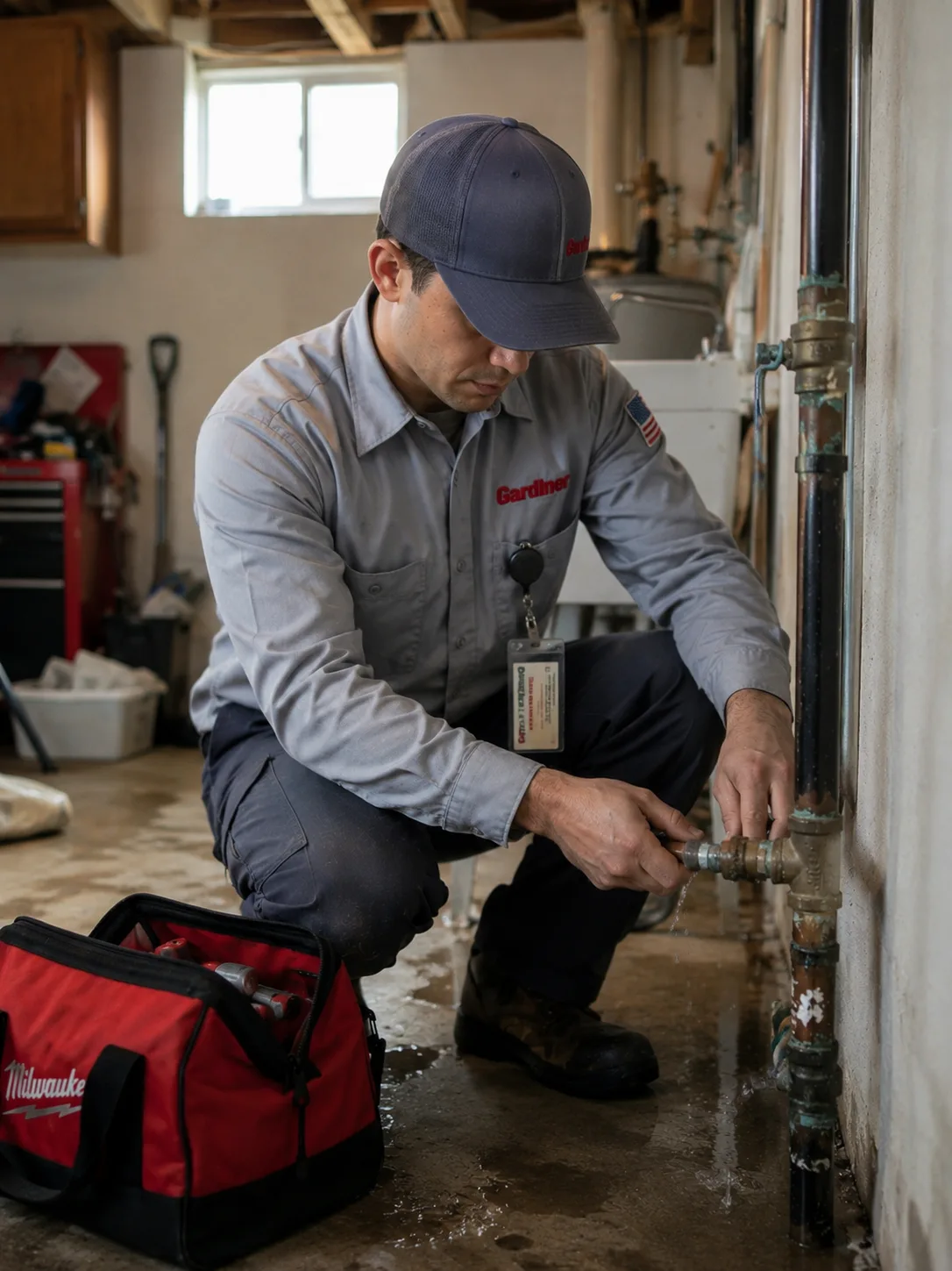 Gardner Plumbing technician arriving at a flooded garage in Riverside County for emergency burst pipe repair