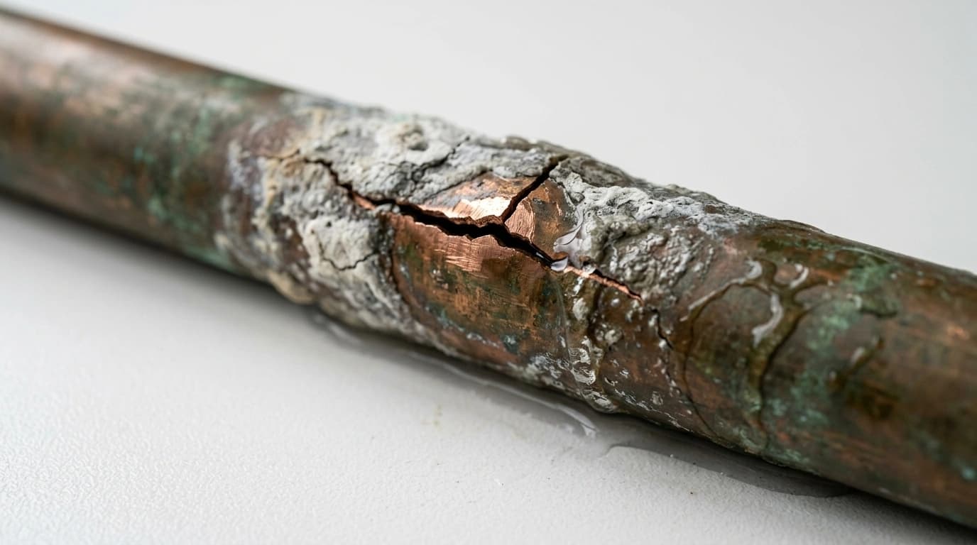 Close-up of a burst copper pipe with hard-water calcium scaling at the fracture point, common in Riverside County homes