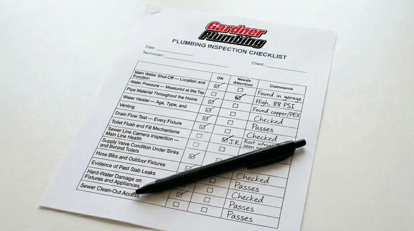 Gardner Plumbing Co. 65-point plumbing inspection checklist with items checked off during a pre-purchase home inspection in Riverside County