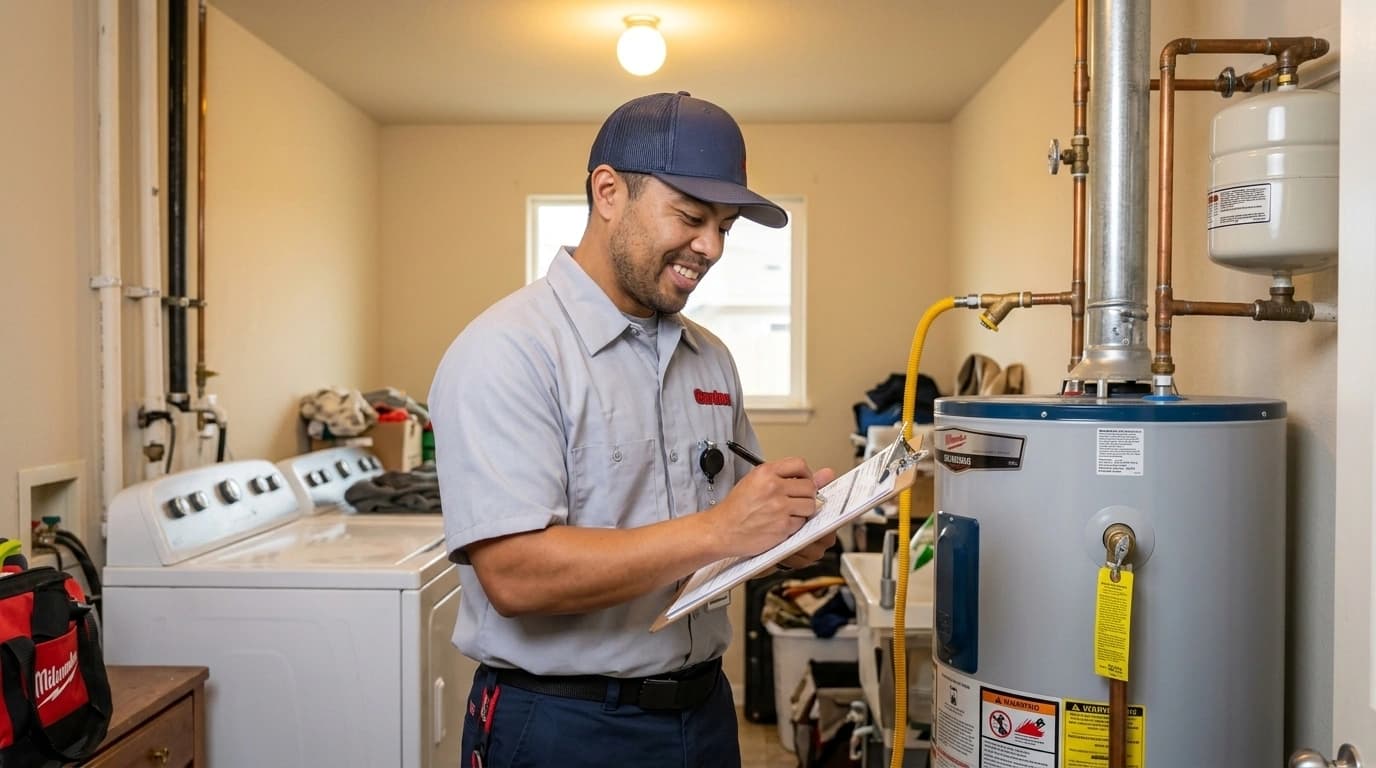 Gardner Plumbing technician conducting a pre-purchase plumbing inspection with a clipboard