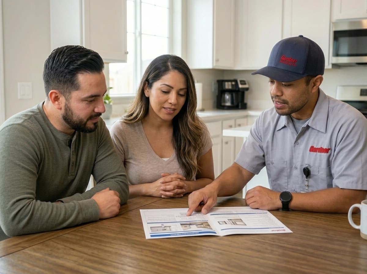 Gardner Plumbing technician reviewing a plumbing inspection report with homebuyers at a kitchen table before purchase in Riverside County