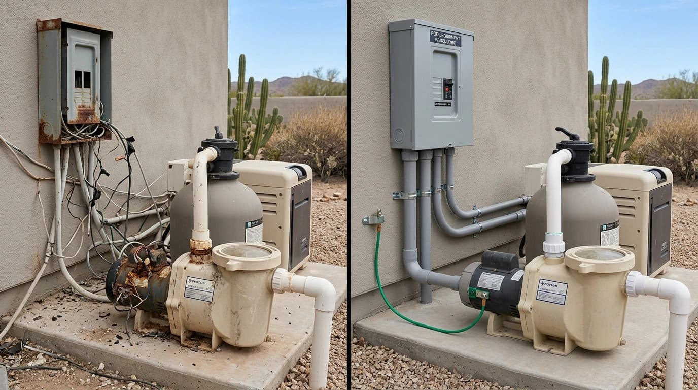 Before and after pool electrical wiring showing code-compliant GFCI panel and bonding installation by Gardner Electrical in the Inland Empire