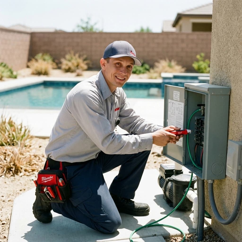 Gardner electrician inspecting pool equipment sub-panel wiring and bonding at a Murrieta home