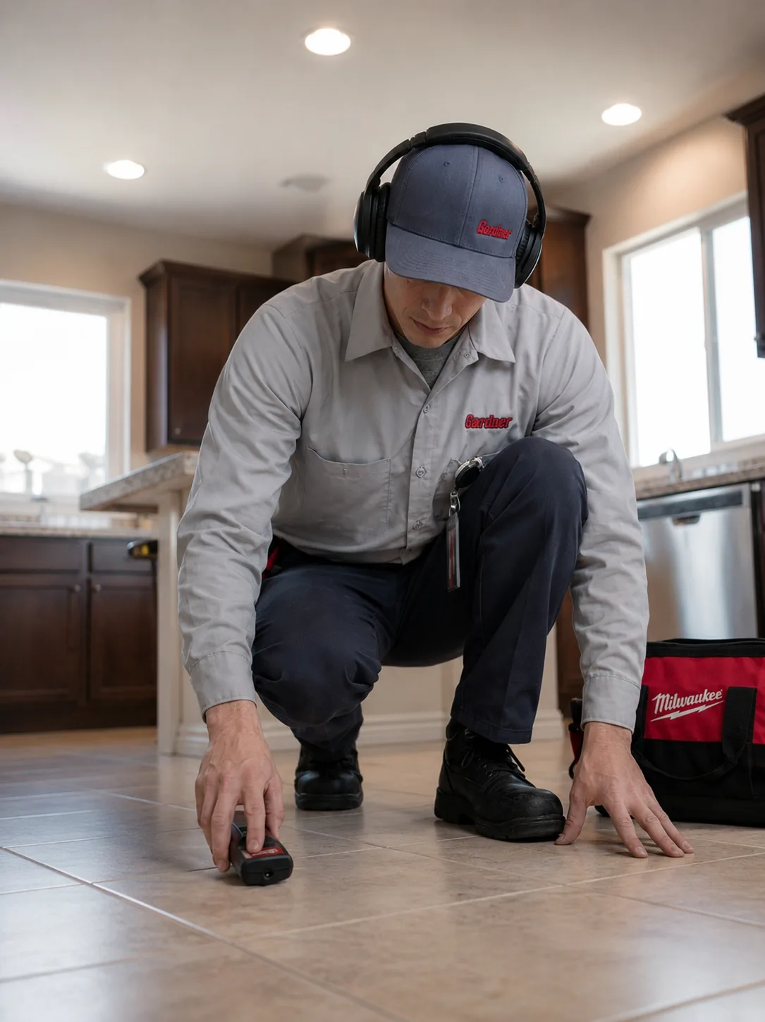 Gardner Plumbing technician using acoustic leak detection equipment to locate a slab leak beneath a Riverside County home's kitchen floor