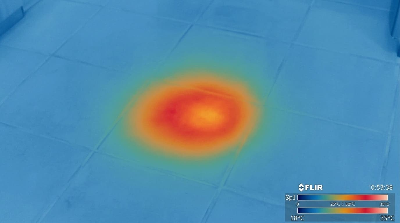 Thermal imaging scan of a kitchen floor showing a warm-spot heat signature from a hot-water slab leak beneath the concrete foundation