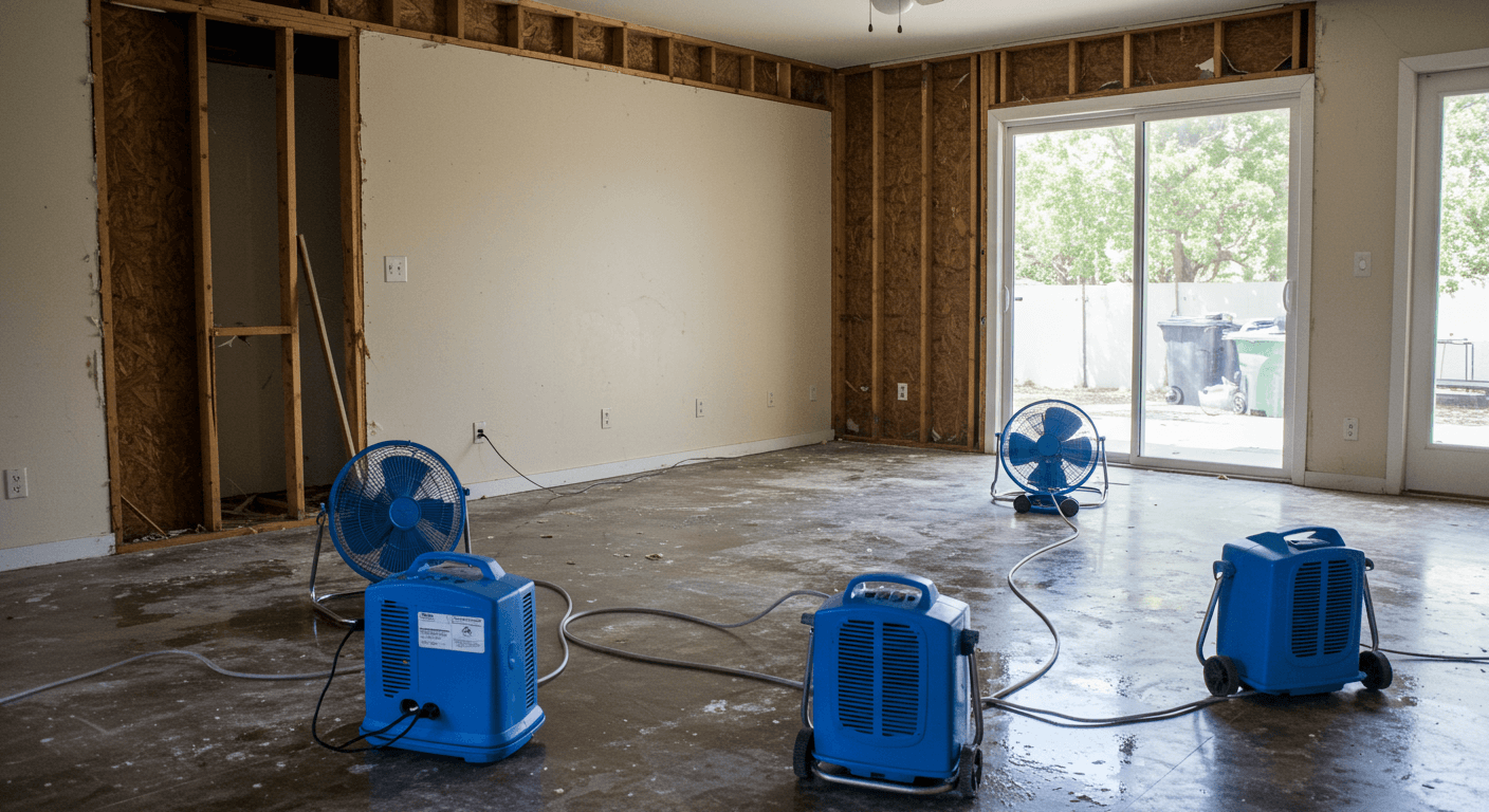 Professional water damage restoration equipment drying a residential living room