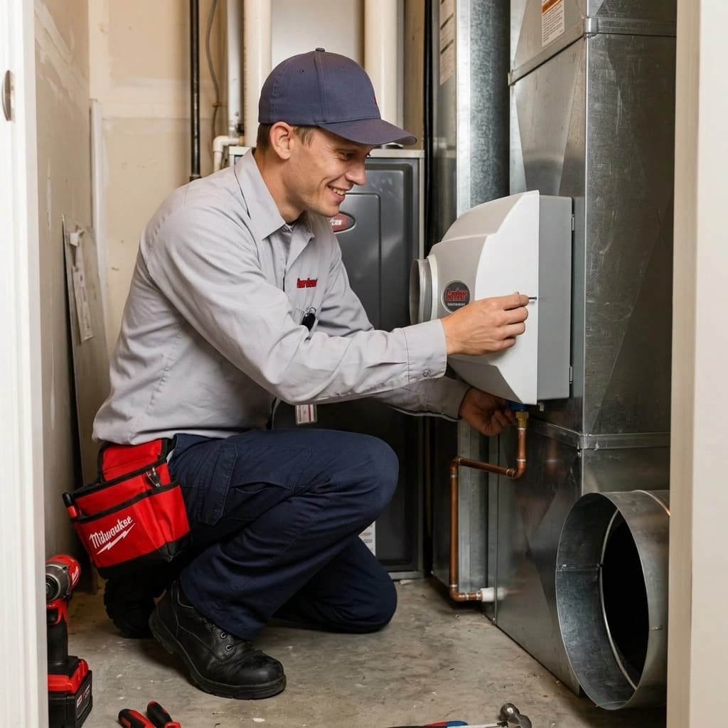 Gardner HVAC technician installing a whole-home dehumidifier in a utility area at a Murrieta Inland Empire home