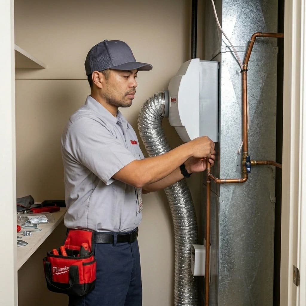 Gardner HVAC technician installing a whole-home bypass humidifier on a furnace plenum in a Murrieta Inland Empire home