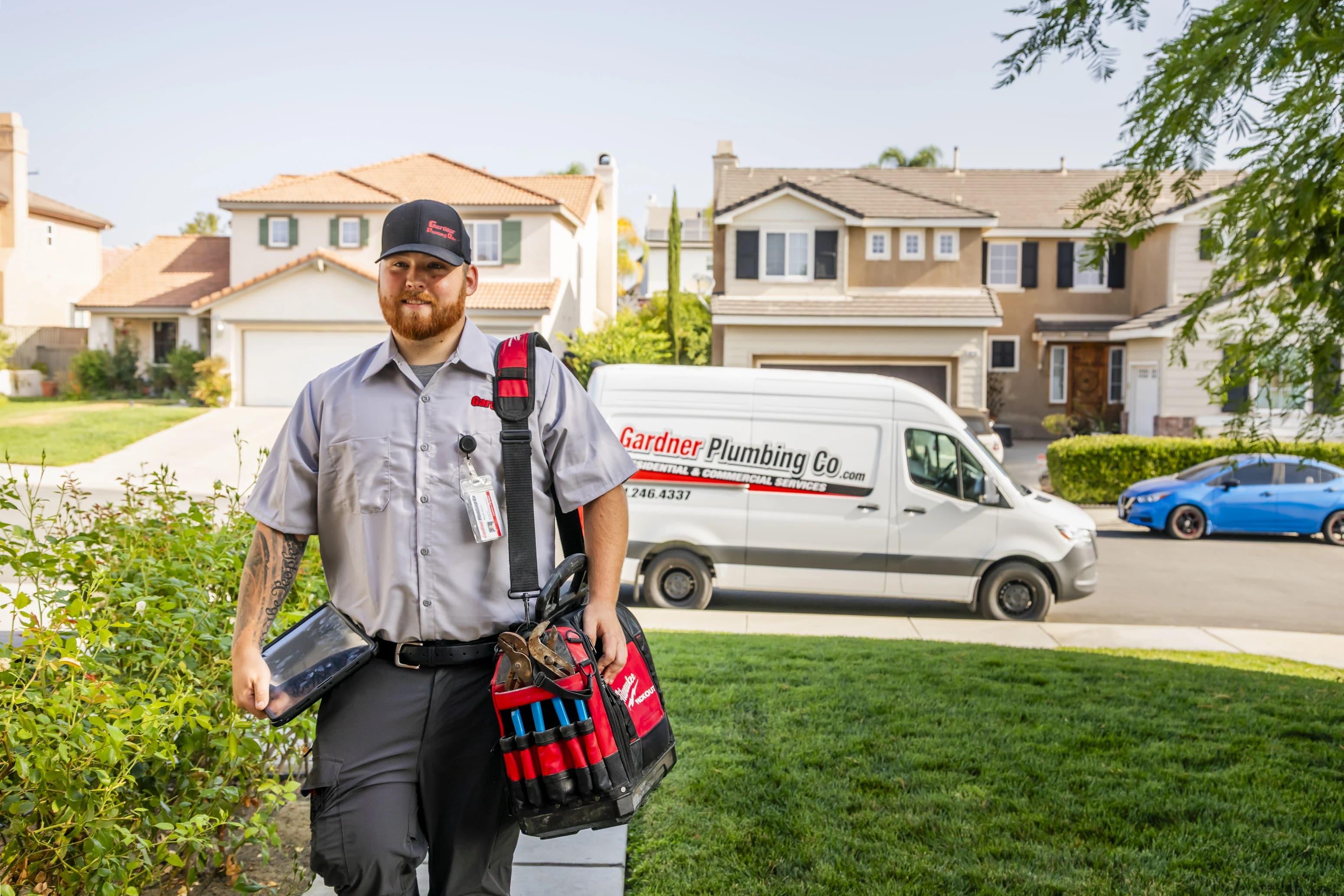 Gardner Plumbing Co. technician arriving at a home — The Gardner Shield membership program